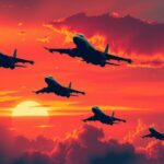 A dramatic military scene with silhouettes of aircraft against a colorful sunset, depicting conflict in a stylized manner.