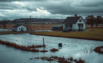 Destruction of homes from flooding in a rural area with stormy skies and muddy landscapes.