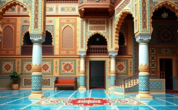 Colorful depiction of Moroccan heritage featuring traditional architecture and intricate patterns.