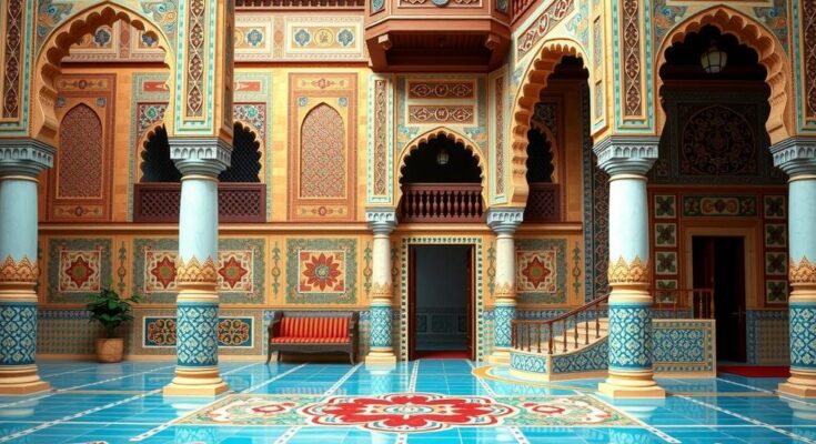 Colorful depiction of Moroccan heritage featuring traditional architecture and intricate patterns.