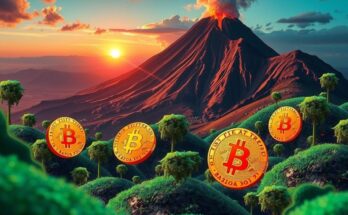 A digital landscape depicting Bitcoin graphics and a volcano, symbolizing El Salvador's crypto journey with earthy tones.