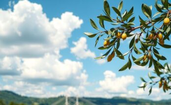 A serene landscape representing democracy and unity with symbolic olive branches and blue skies.