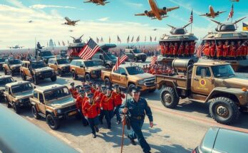 Colorful military parade commemorating veterans with soldiers, aircraft, and vibrant flags.