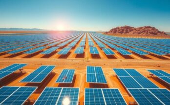 A vast solar panel field in the Atacama Desert under a clear blue sky, showcasing renewable energy advancement.