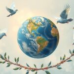 A symbolic representation of multilateralism with a globe, olive branches, and doves in soft pastels.