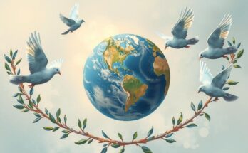 A symbolic representation of multilateralism with a globe, olive branches, and doves in soft pastels.