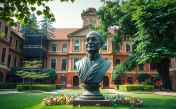 Bust of Mahatma Gandhi in a university setting, symbolizing peace and diplomacy.