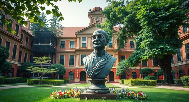 Bust of Mahatma Gandhi in a university setting, symbolizing peace and diplomacy.