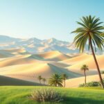 A peaceful landscape of Oman representing diplomacy, featuring mountains and green palm trees under a blue sky.
