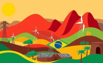 Colorful abstract representation of Brazil's economic landscape, featuring power infrastructure and agricultural elements.