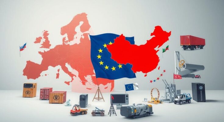 Symbolic representation of EU-China trade relations with maps, trade items, and a European flag background in neutral tones.