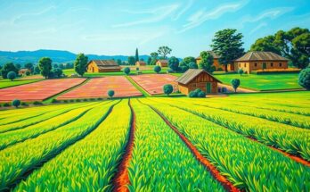 A vibrant landscape of crops in Ghana, showcasing greenery and agricultural fields under a sunny sky, symbolizing potential.