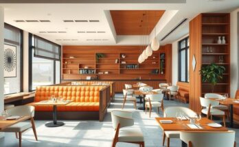 A sleek and modern restaurant interior with elegant decor, featuring a fusion of Japanese and Peruvian design elements.