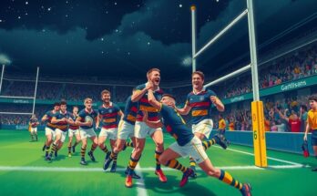 British and Irish Lions rugby team celebrating a try, with a vibrant night sky above, in a stadium setting.
