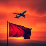 Indonesian flag with silhouette of an airplane in a sunset sky, symbolizing repatriation efforts.