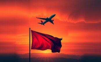 Indonesian flag with silhouette of an airplane in a sunset sky, symbolizing repatriation efforts.