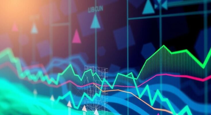 A colorful abstract representation of economic data trends with rising and falling lines, symbolizing inflation dynamics.