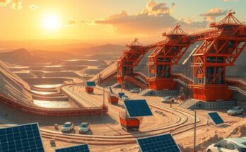 Futuristic landscape showing a mining site with copper ore, focusing on resource management and electric vehicle technology.