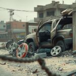 Destruction in Abbasiya, Lebanon after an airstrike, featuring a damaged vehicle and surrounding debris.