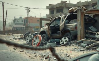 Destruction in Abbasiya, Lebanon after an airstrike, featuring a damaged vehicle and surrounding debris.