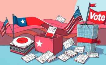 Hand-illustrated political landscape with symbolic colors of left and right parties, featuring ballots and ballot boxes.
