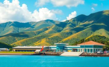A scenic view of Douglas Charles airport surrounded by lush greenery and clear blue skies in Dominica.