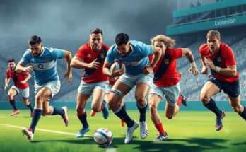 Rugby action scene showing players competing in an intense match between Argentina and the British Lions.