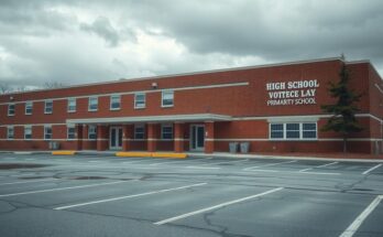 Quiet school exterior during election day, with empty parking lot and cloudy sky, reflecting slow turnout in Virginia.