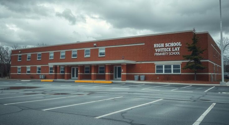 Quiet school exterior during election day, with empty parking lot and cloudy sky, reflecting slow turnout in Virginia.