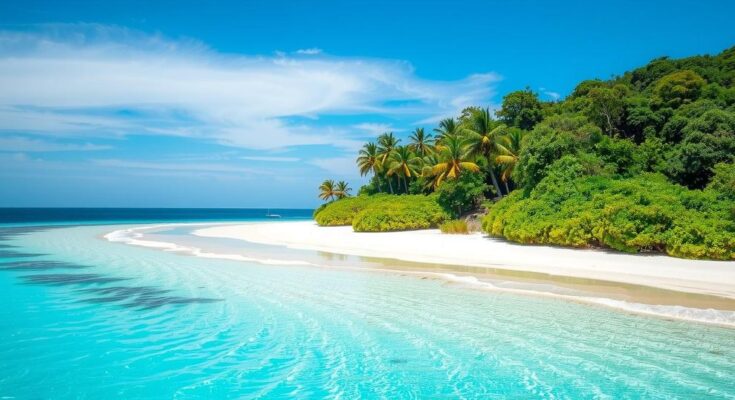 A scenic view of a beachfront with clear skies, vibrant colors, and no vehicles, emphasizing sustainable tourism.