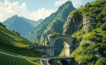 Border crossing milestone between Lebanon and Syria surrounded by mountains and greenery, symbolizing hope and recovery.