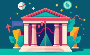 Illustration of a central bank building symbolizing economic policies with vibrant colors and geometric patterns