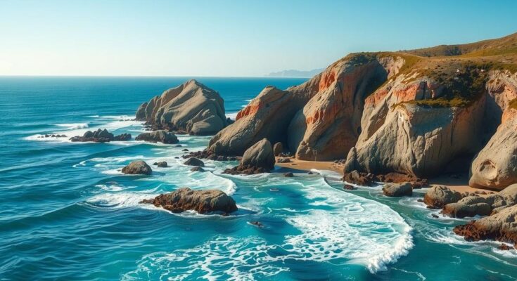 A serene coastal scene showing protected penguin nesting areas with vibrant rock formations and ocean waves.