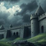 A dark, moody landscape representing resilience, featuring fortified structures and stark shadows under grey skies.