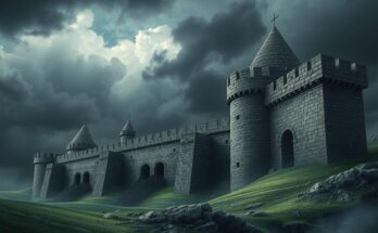 A dark, moody landscape representing resilience, featuring fortified structures and stark shadows under grey skies.