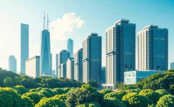 A vibrant city skyline with rising tall buildings and green landscapes, showcasing stability and economic growth.