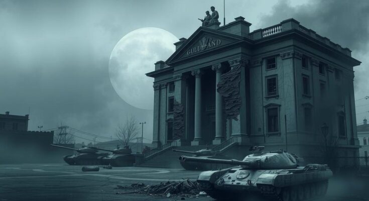 A symbolic representation of military control with silhouettes of tanks behind a crumbling government building.