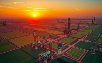 An aerial view of an oil extraction site in Angola, with expansive fields and rigs against a vibrant sunset backdrop.