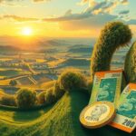 A vibrant landscape of Kenya with a focus on currency notes and coins symbolizing economic stability and growth.