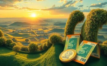 A vibrant landscape of Kenya with a focus on currency notes and coins symbolizing economic stability and growth.