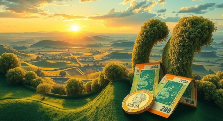 A vibrant landscape of Kenya with a focus on currency notes and coins symbolizing economic stability and growth.
