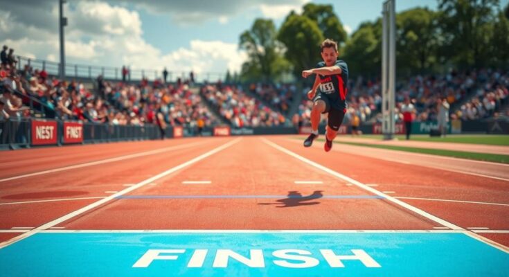 A dynamic scene of a vibrant track with a finish line, depicting high-speed action in a race with track markings.