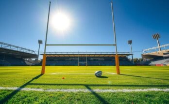 A rugby field in Australia set for a Lions match, featuring goal posts and vibrant green grass under a bright sky.