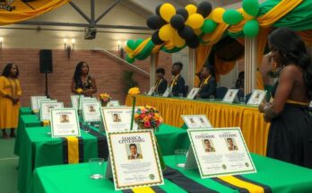 Celebratory ceremony with citizenship documents, flags, and beautiful decor in vibrant Jamaican colors.