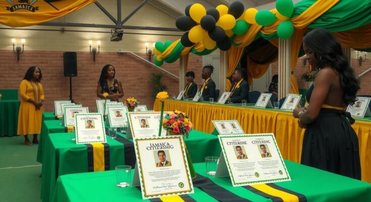 Celebratory ceremony with citizenship documents, flags, and beautiful decor in vibrant Jamaican colors.