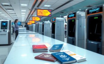 Sleek border control system with digital display, biometric scanners, and travelers' passports in a modern airport setting.