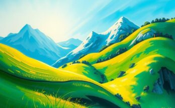 A vibrant landscape symbolizing unity and progress, featuring green hills under a bright sky to represent hope.