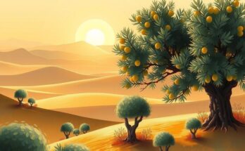 A peaceful Middle Eastern landscape with olive trees, desert hills, and a sunset, symbolizing regional stability and diplomacy.