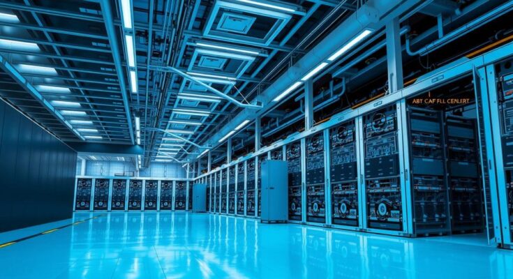 A sprawling technology facility showcasing advanced electrical equipment and Bitcoin mining machines in an expansive setting.