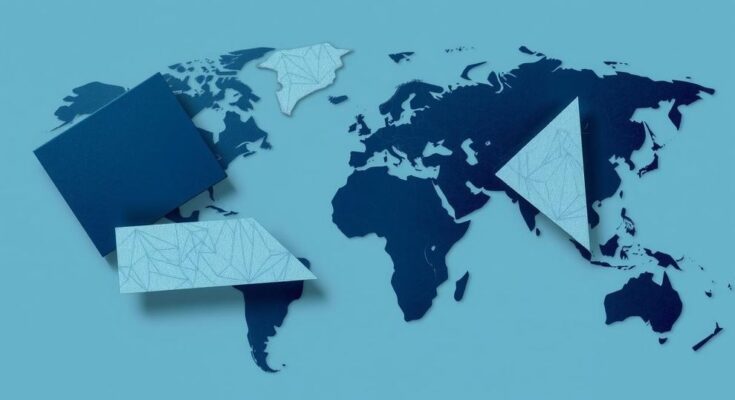 A tense negotiation scene showcasing symbolic elements of international diplomacy, with a focus on abstract shapes and blue tones.